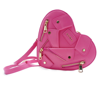 Bolso Bandolera en Forma de Corazón Rosa Neón con Detalles de Cremallera