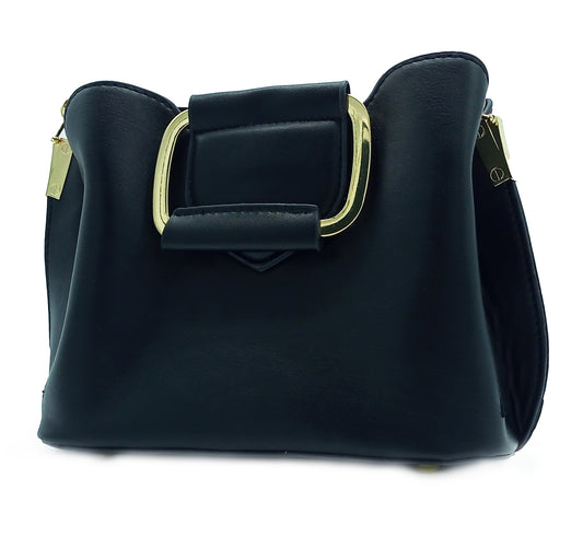 Bolso Satchel Elegante Negro con Hebilla Dorada y Diseño Moderno