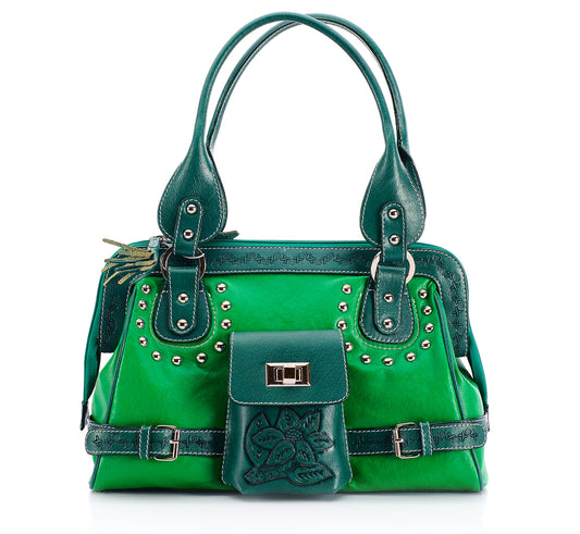 Bolso Verde Esmeralda con Adornos Metálicos y Detalle de Bordado